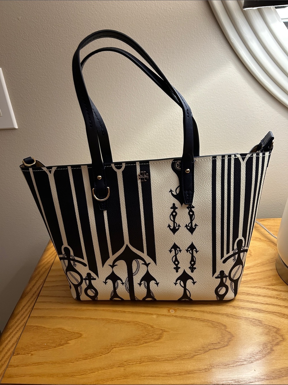 Tory Burch Navy Blue and Off White Nautical Graphic Tote
